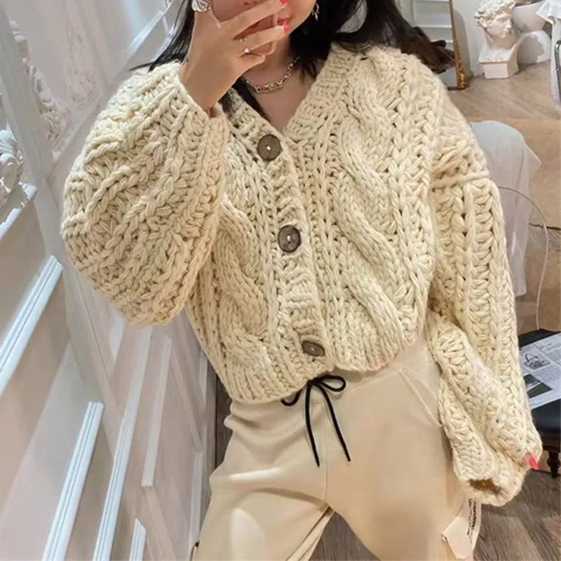 Hand Knitted Braid Chunky Cable Knit V Neck Button Crop Cardigan Sweater