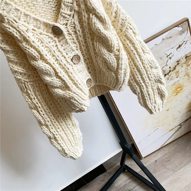 Hand Knitted Braid Chunky Cable Knit V Neck Button Crop Cardigan Sweater