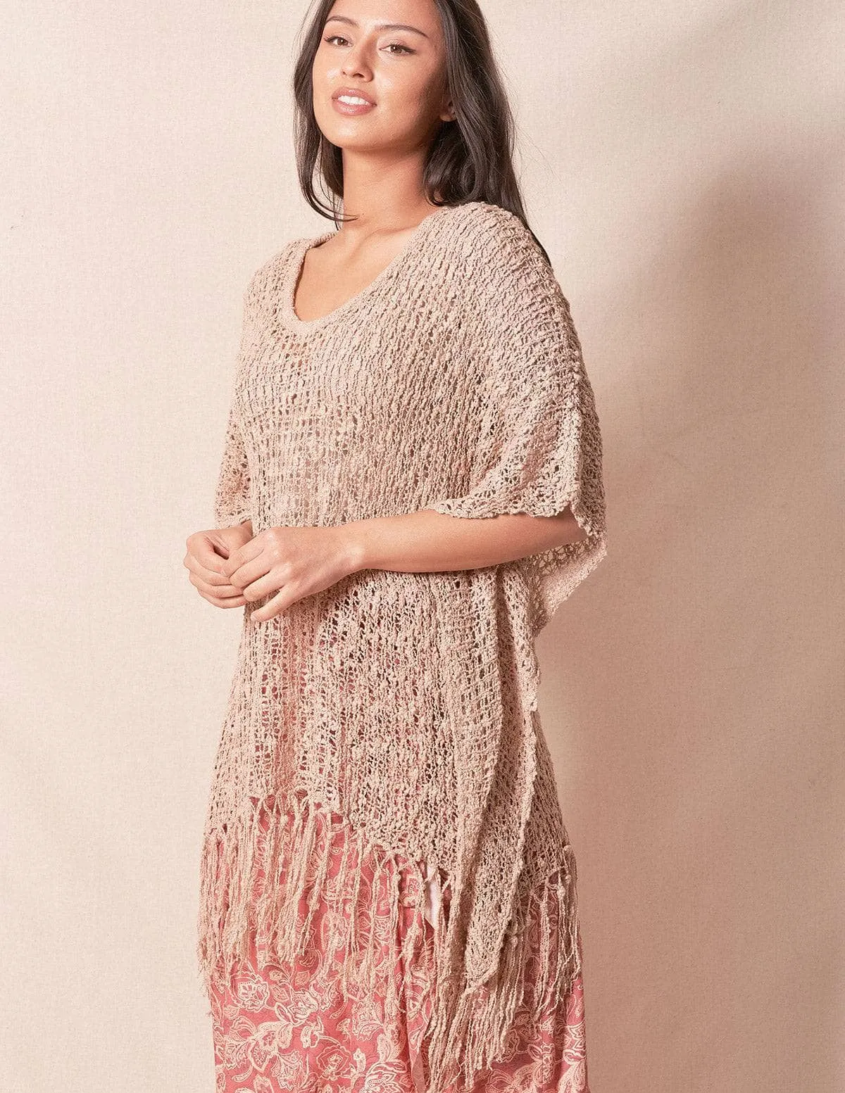 Handwoven Riva Knit Fringed Sweater Poncho