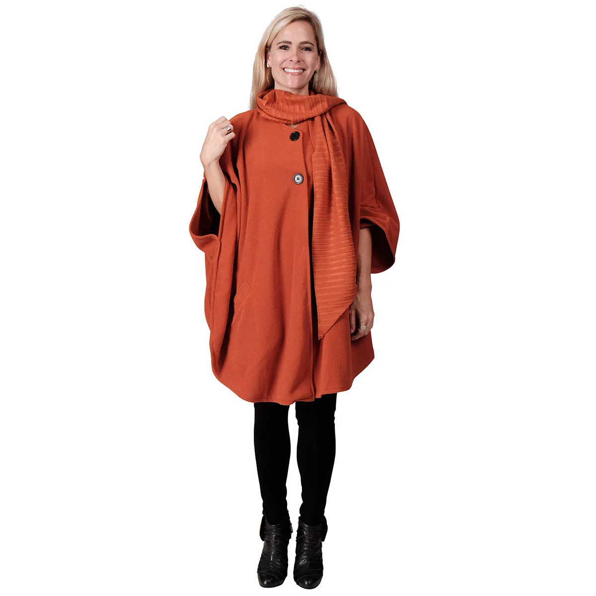 Hannah Fleece Cozy Coat Cape with attached Textured Fleece Scarf