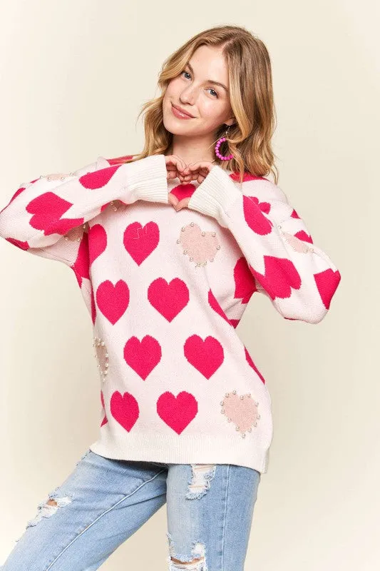 Heart Pattern Pearl Detail Knit Sweater