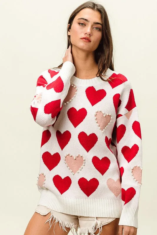 Heart Pattern Pearl Detail Knit Sweater