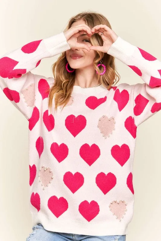 Heart Pattern Pearl Detail Knit Sweater