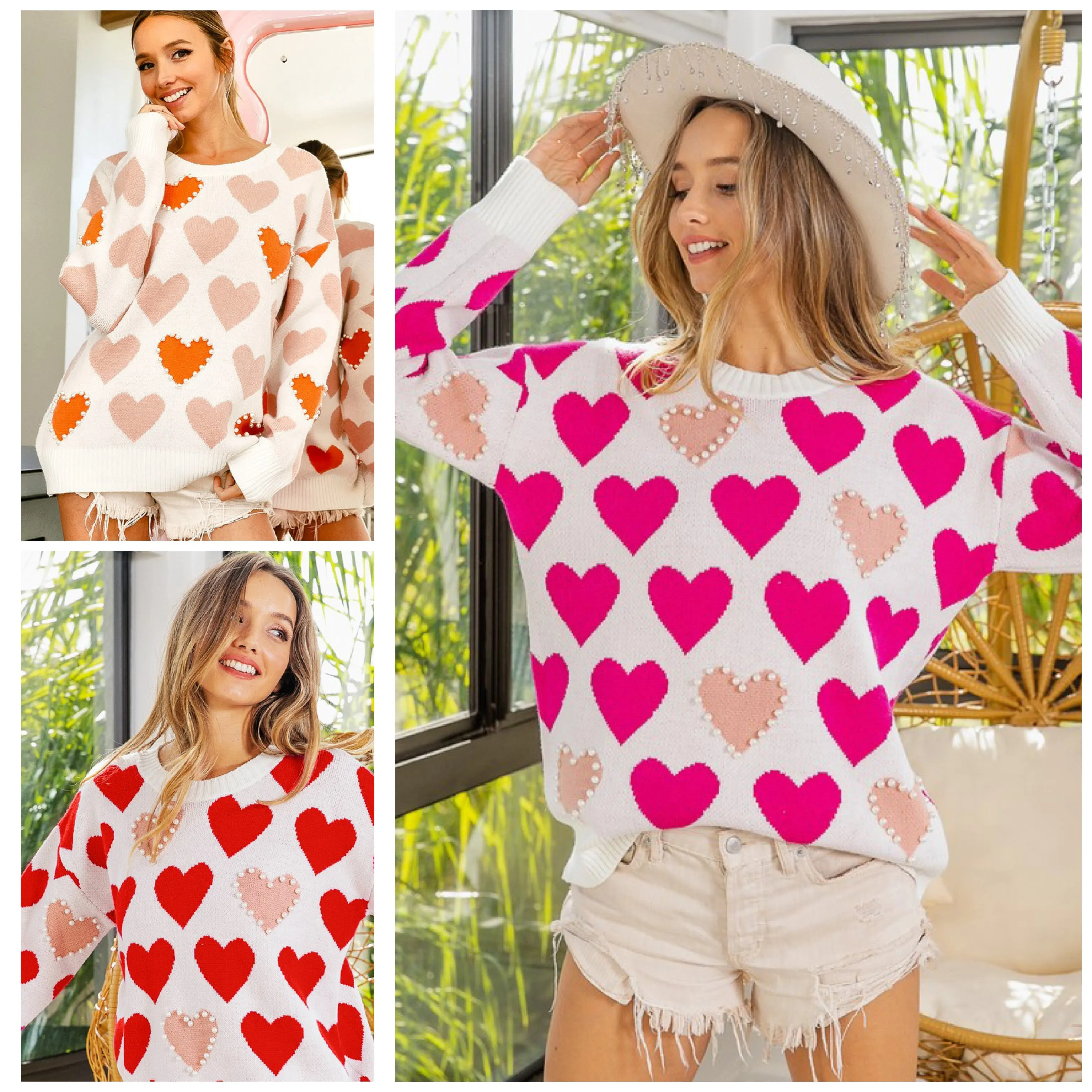 Heart Pattern Pearl Detail Knit Sweater