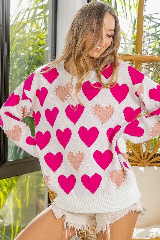 Heart Pattern Pearl Detail Knit Sweater