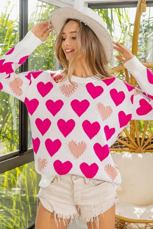 Heart Pattern Pearl Detail Knit Sweater