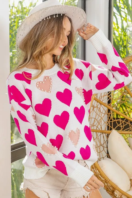 Heart Pattern Pearl Detail Knit Sweater