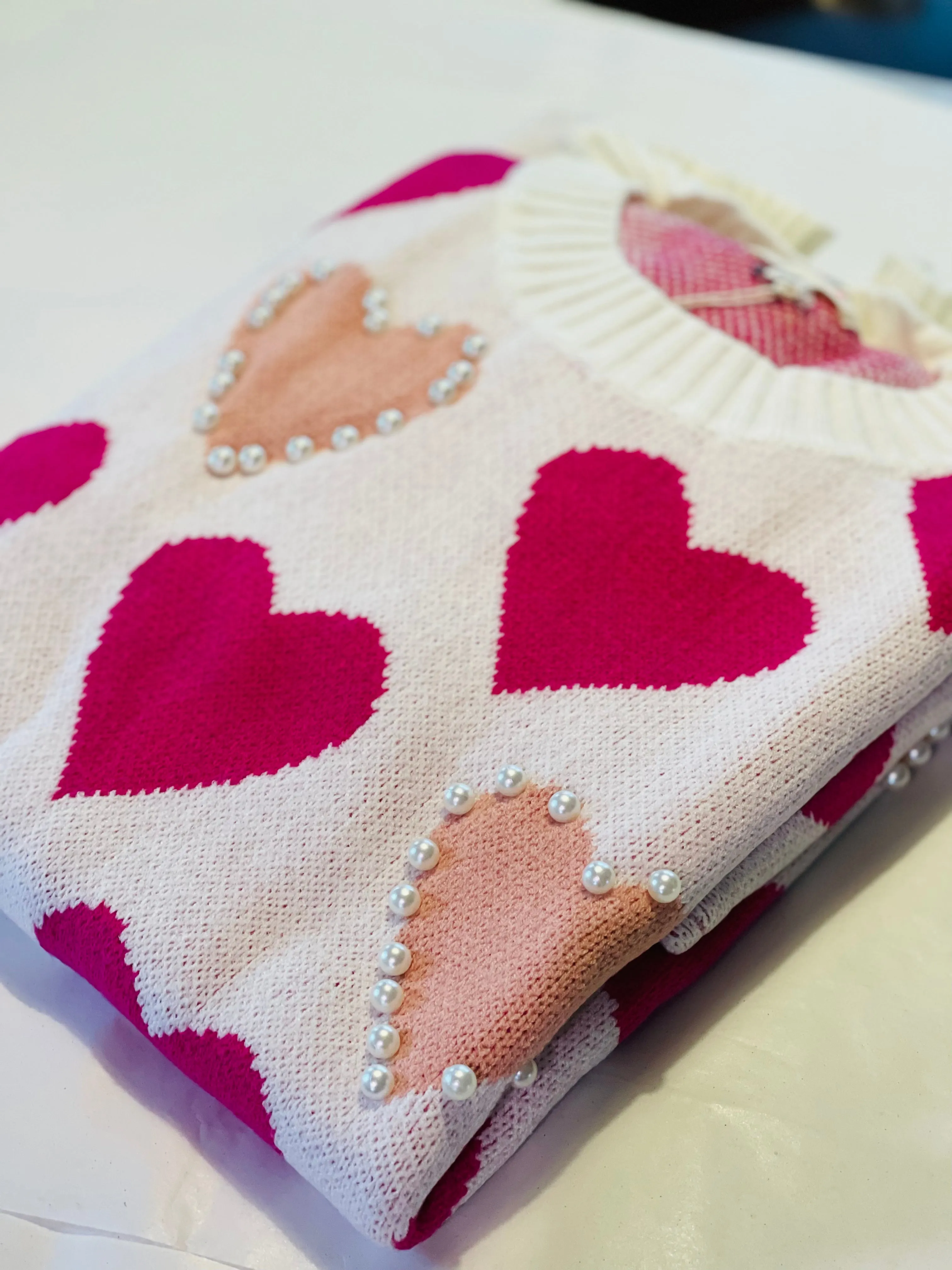 Heart Pattern Pearl Detail Knit Sweater