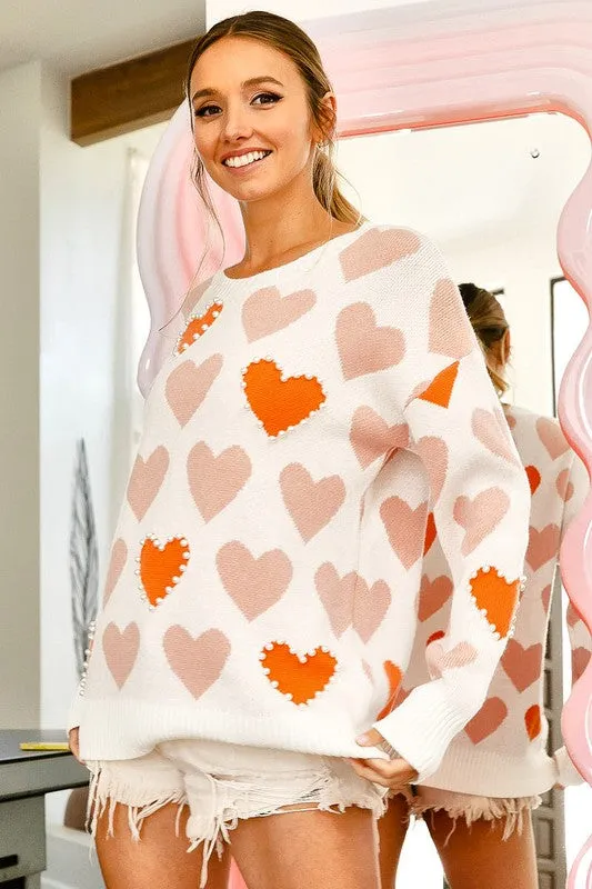 Heart Pattern Pearl Detail Knit Sweater