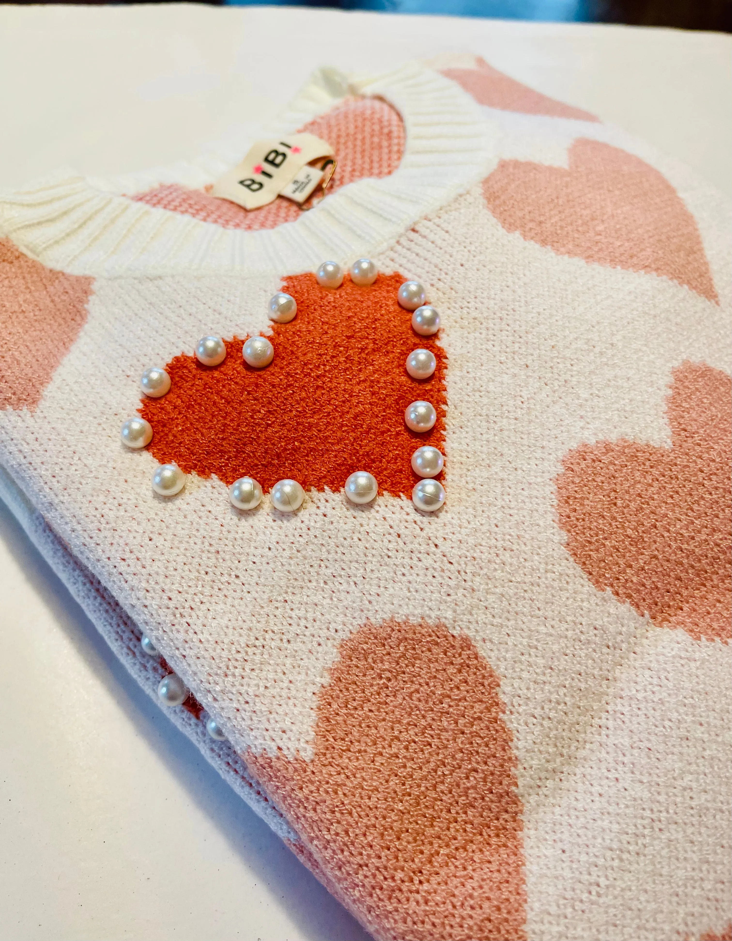 Heart Pattern Pearl Detail Knit Sweater