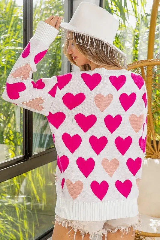 Heart Pattern Pearl Detail Knit Sweater