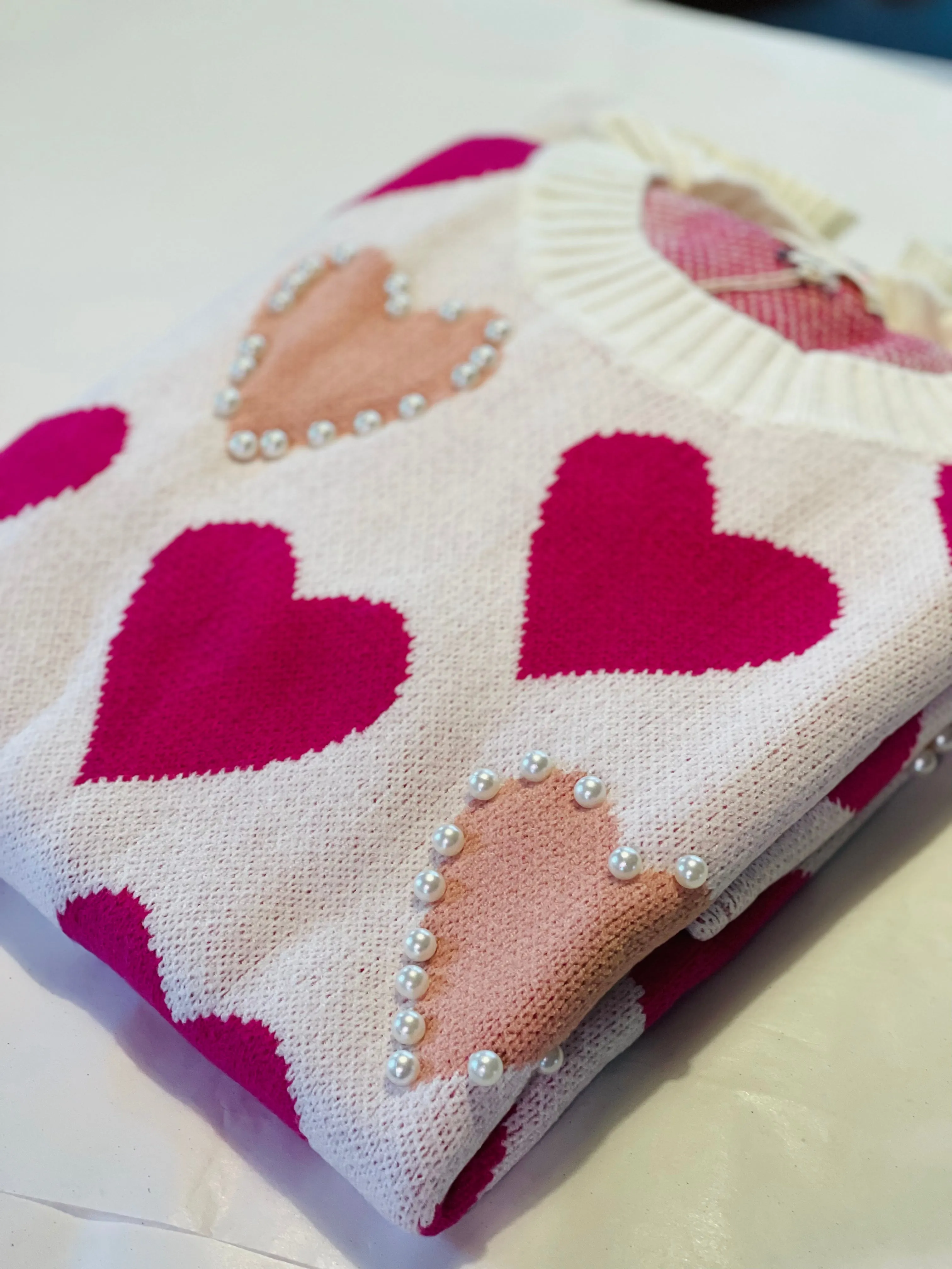 Heart Pattern Pearl Detail Knit Sweater