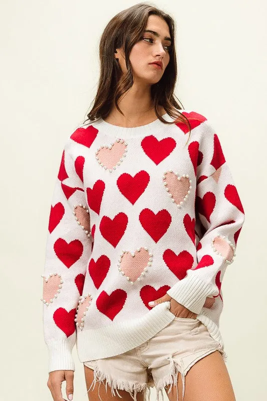 Heart Pattern Pearl Detail Knit Sweater