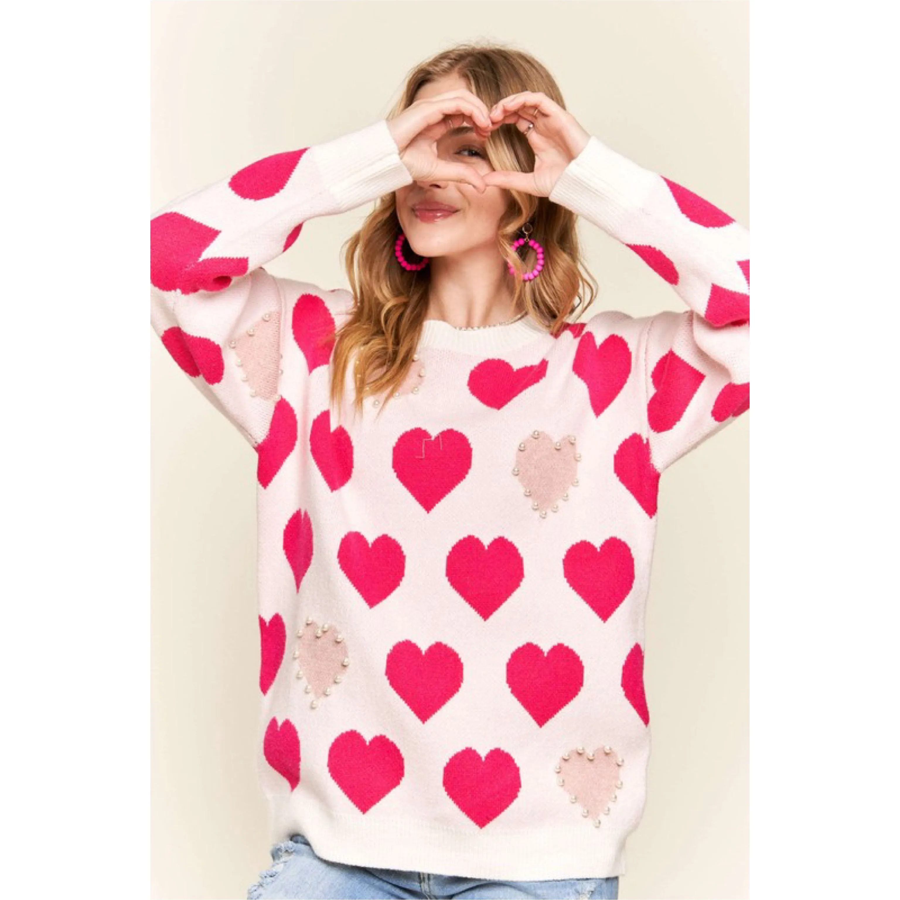 Heart Pattern Pearl Detail Knit Sweater