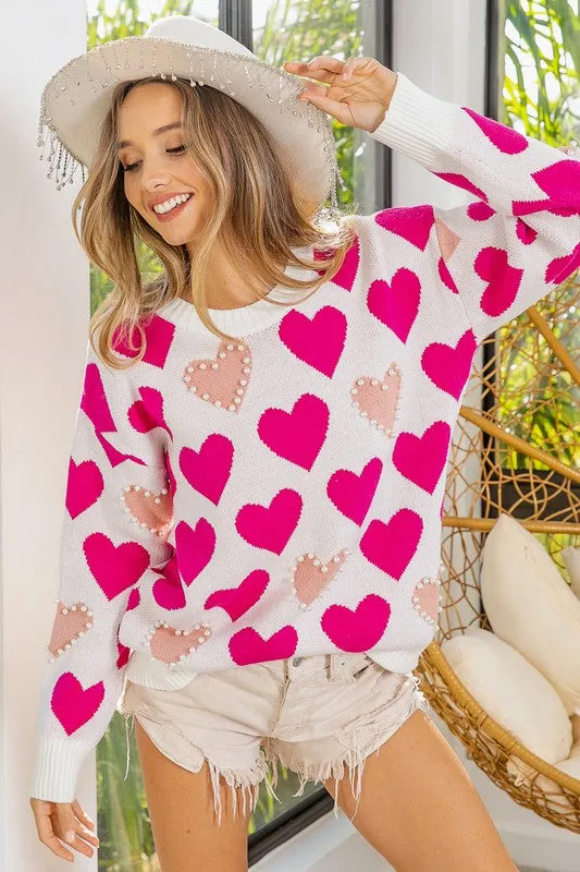 Heart Pattern Pearl Detail Knit Sweater