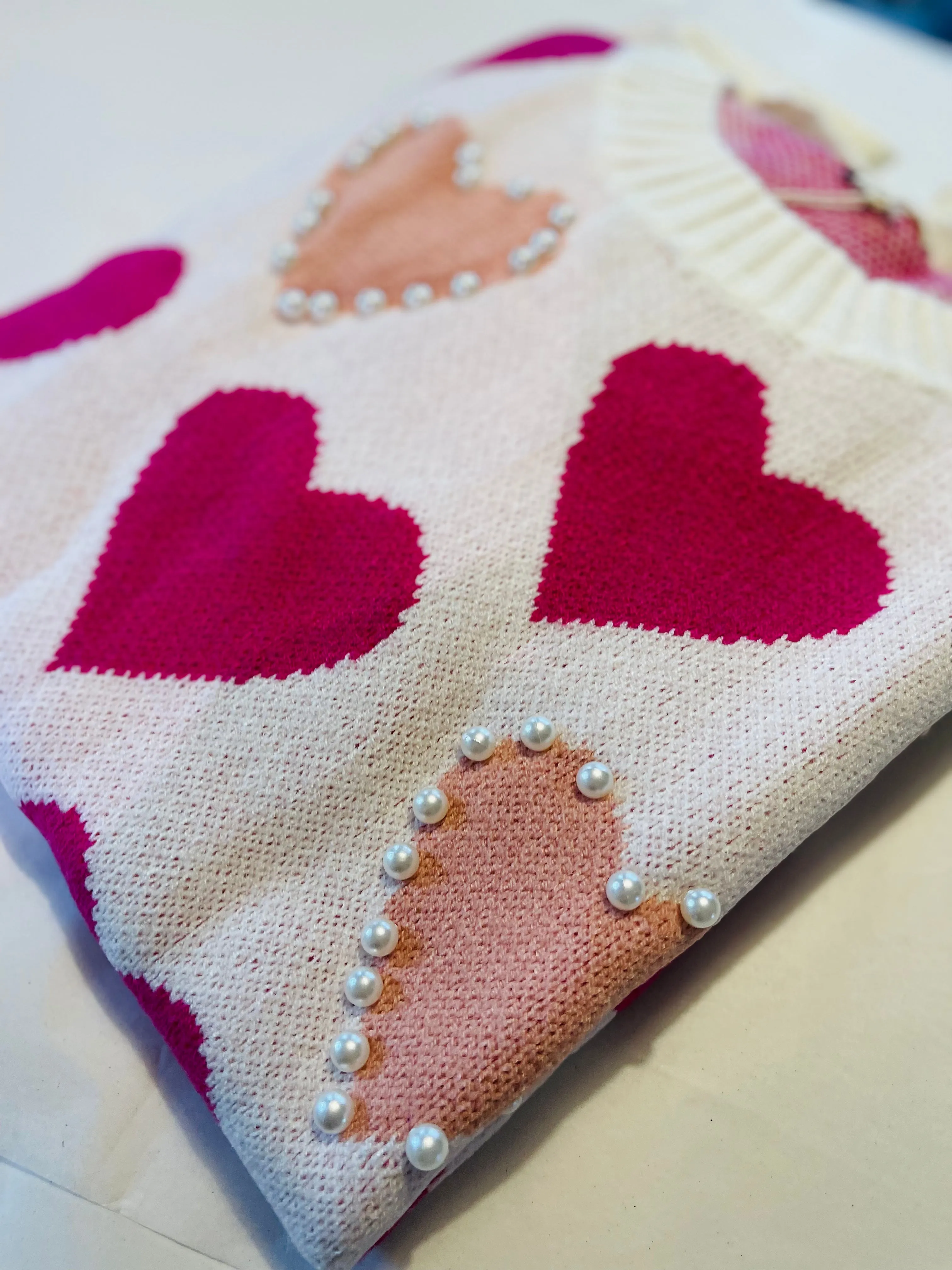 Heart Pattern Pearl Detail Knit Sweater