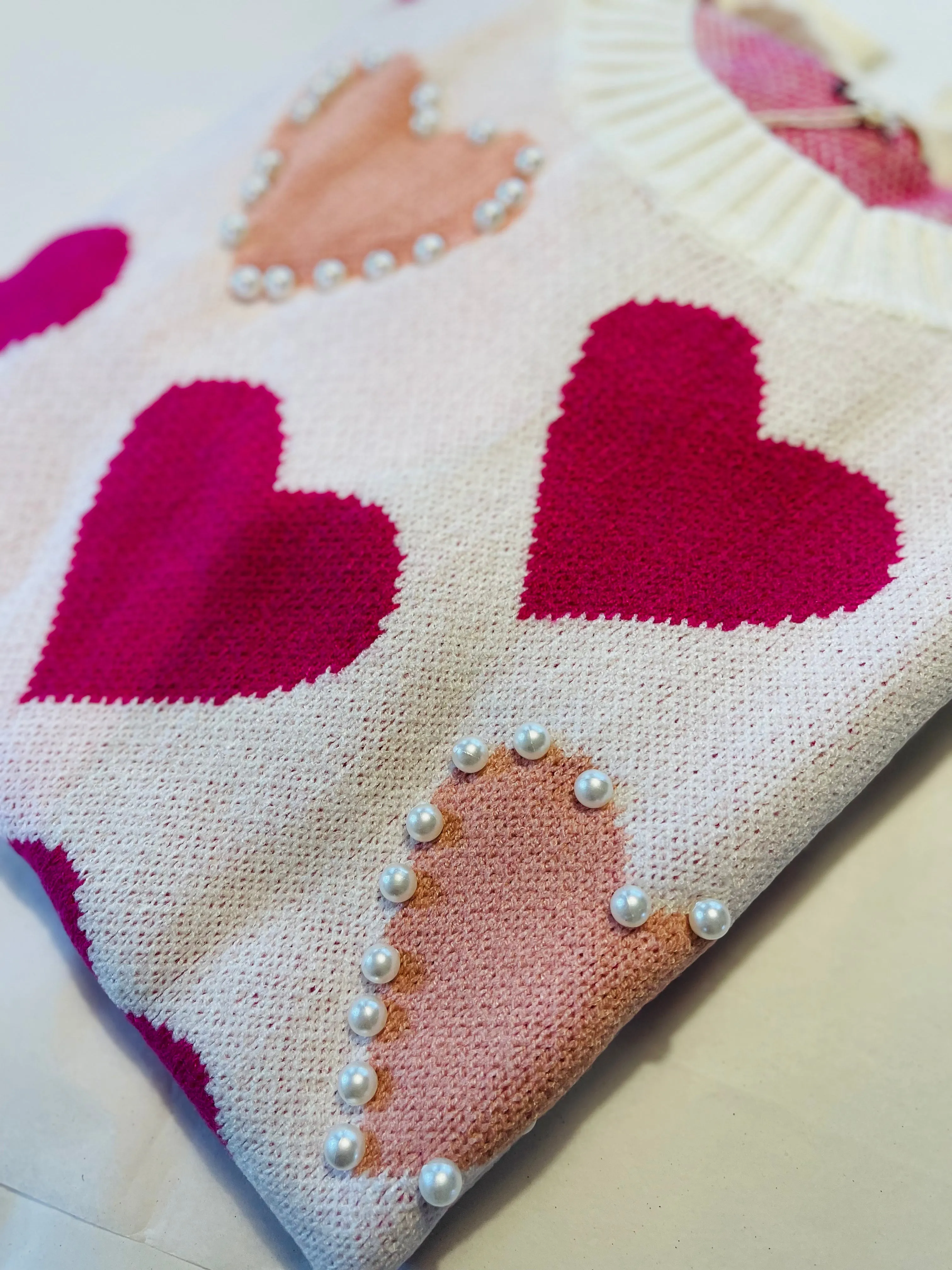 Heart Pattern Pearl Detail Knit Sweater