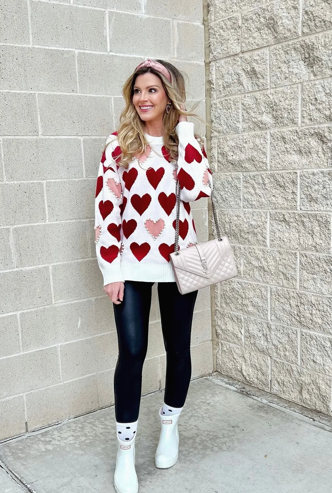 Heart Pattern Pearl Detail Knit Sweater