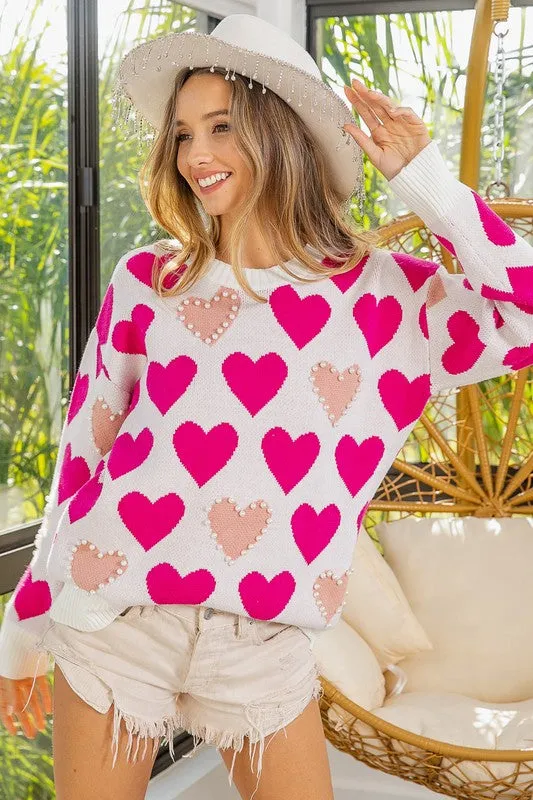 Heart Pattern Pearl Detail Knit Sweater