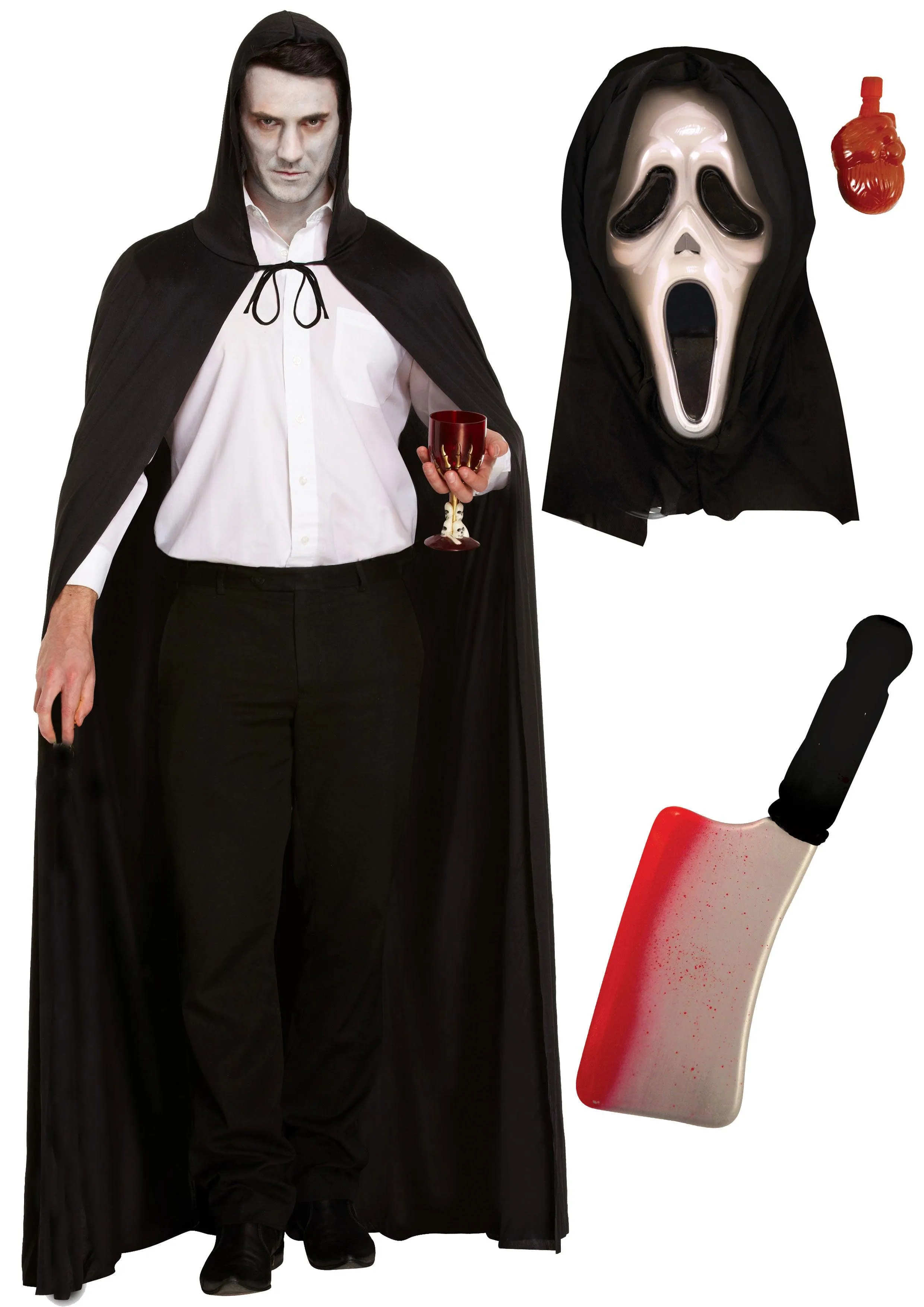 Horror Costume Set: Long Black Cape with Hood, Bleeding Scream Mask, and Fake Blooded Cleaver Weapon