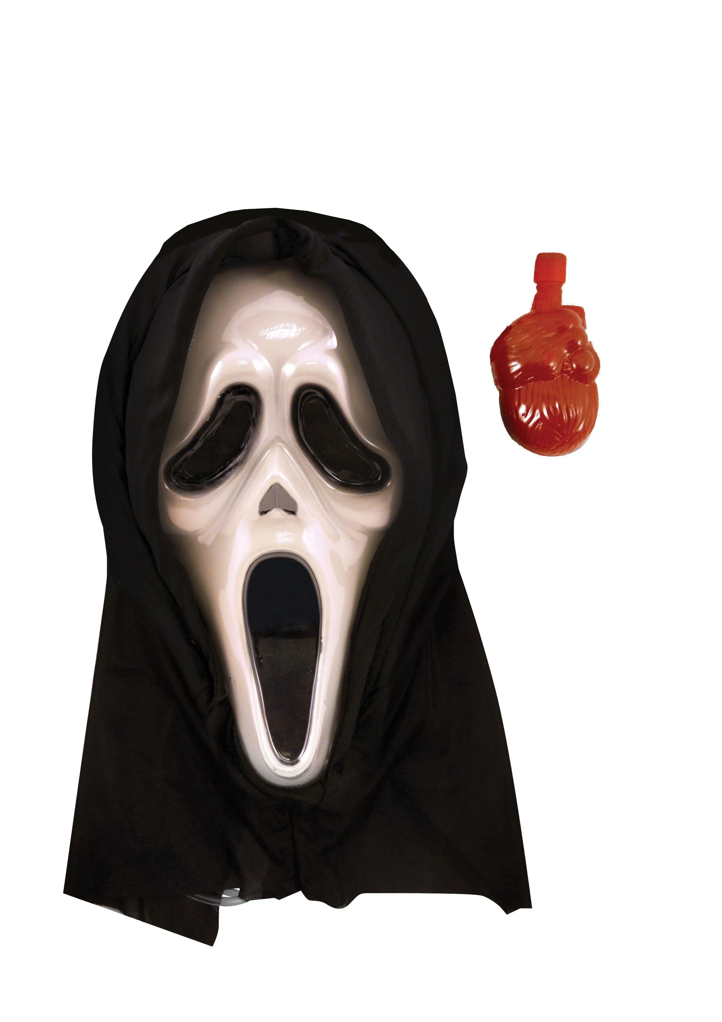 Horror Costume Set: Long Black Cape with Hood, Bleeding Scream Mask, and Fake Blooded Cleaver Weapon