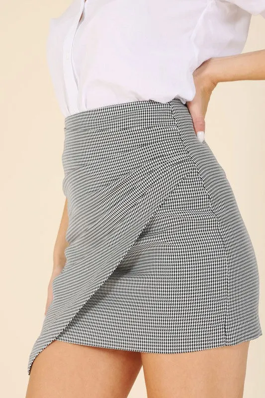 Hound tooth shirred wrap skirt