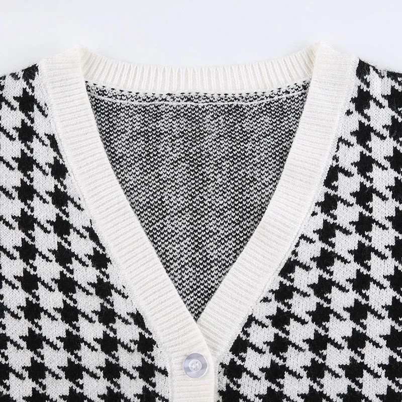 Houndstooth crop short cardigan V-neck botton placket woolen jacket women casual sweater cardigan