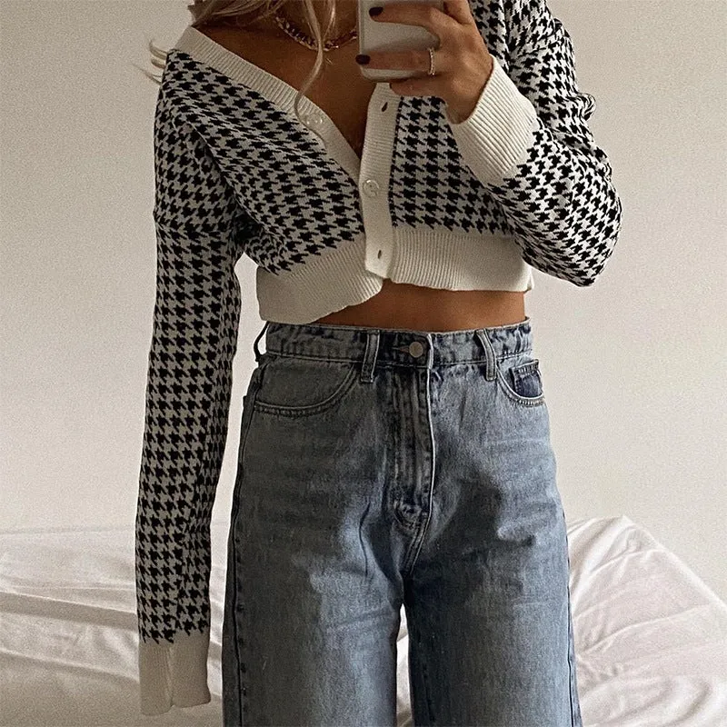 Houndstooth crop short cardigan V-neck botton placket woolen jacket women casual sweater cardigan