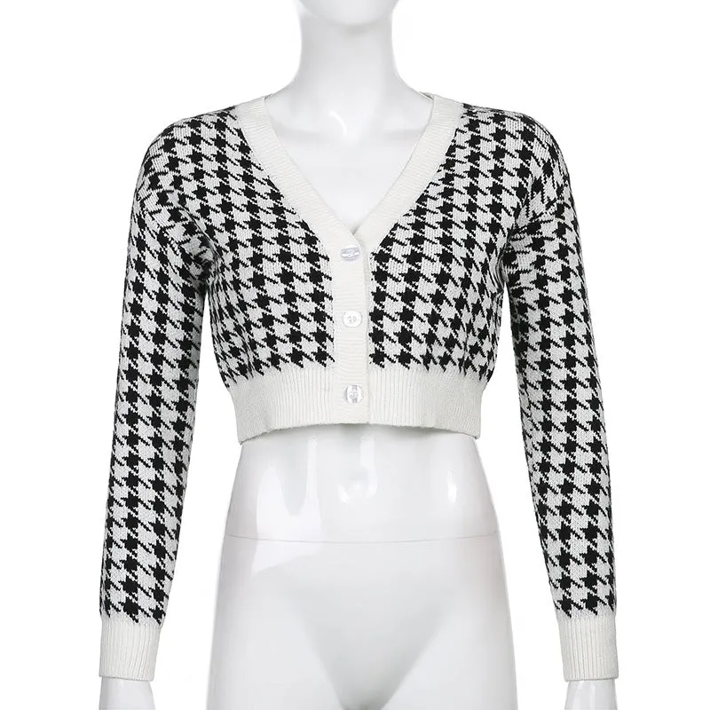 Houndstooth crop short cardigan V-neck botton placket woolen jacket women casual sweater cardigan