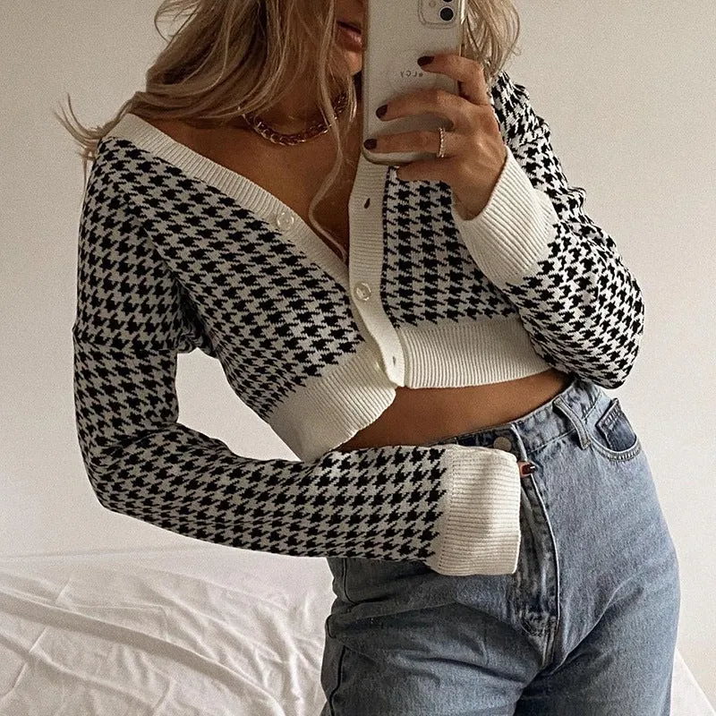 Houndstooth crop short cardigan V-neck botton placket woolen jacket women casual sweater cardigan