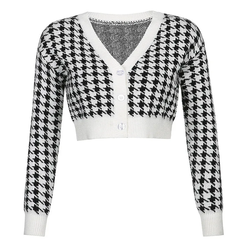 Houndstooth crop short cardigan V-neck botton placket woolen jacket women casual sweater cardigan