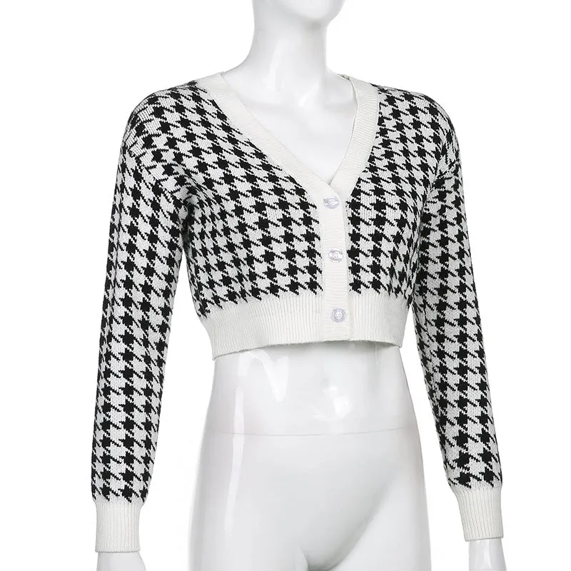 Houndstooth crop short cardigan V-neck botton placket woolen jacket women casual sweater cardigan