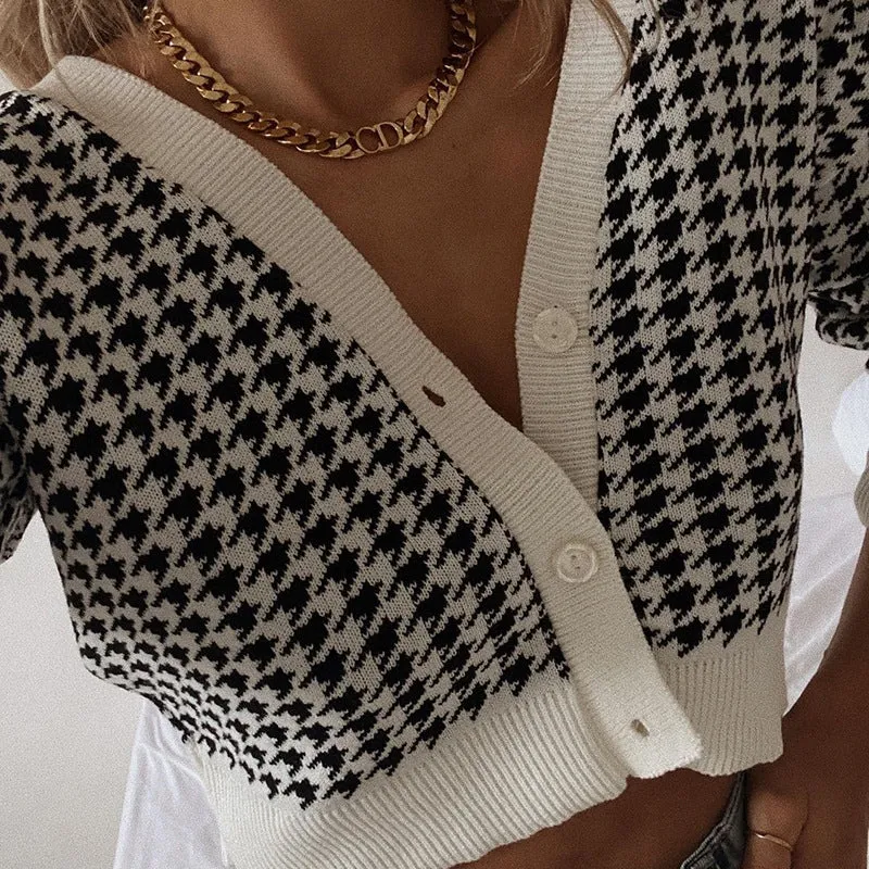 Houndstooth crop short cardigan V-neck botton placket woolen jacket women casual sweater cardigan