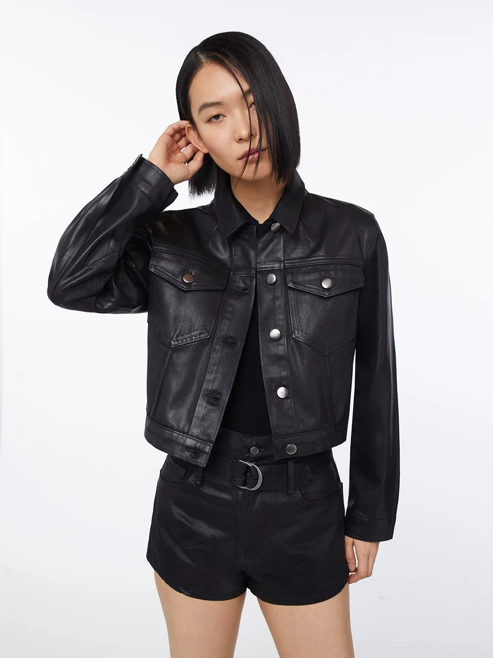 Imaan x FRAME Le Crop Coated Jacket -- Noir Coated