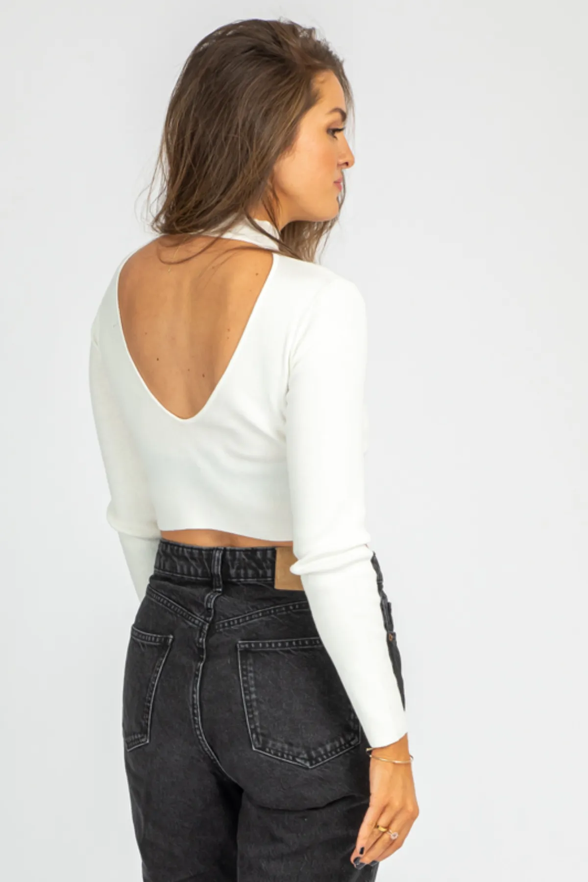 IVORY OPEN BACK MOCKNECK SWEATER