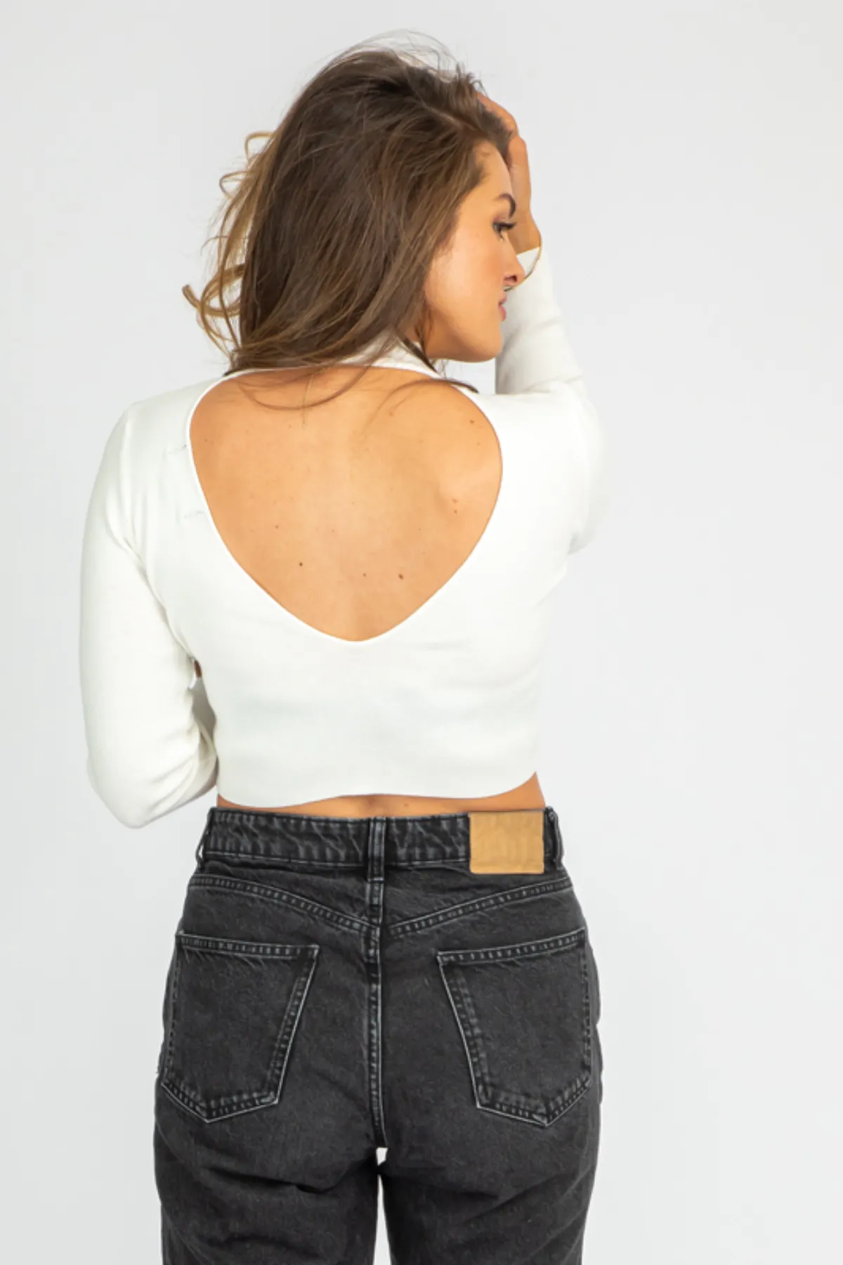 IVORY OPEN BACK MOCKNECK SWEATER