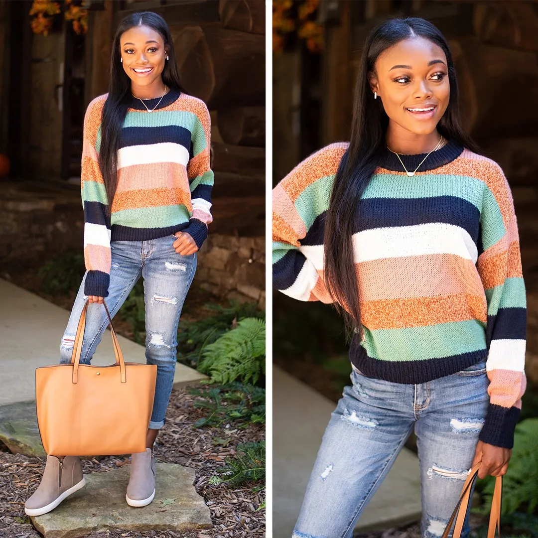 Just Feel The Love Rust-Mint Striped Sweater