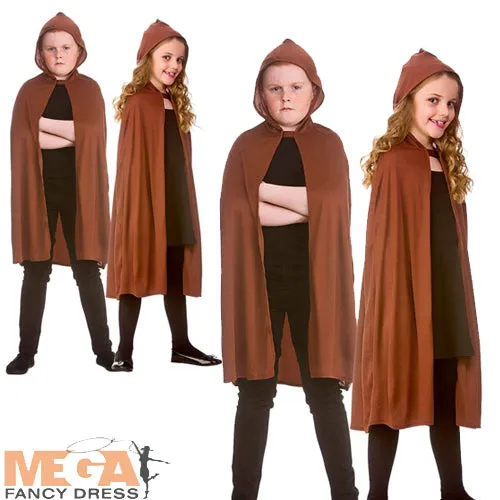 Kids Brown Hooded Cape Wizard Jedi Cloak Fancy Dress Costume