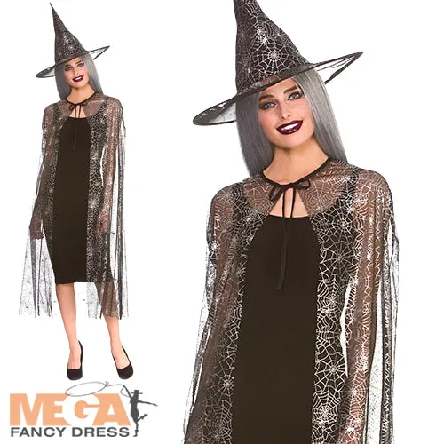 Ladies Halloween Shimmering Spider Web Witch Cape & Hat Fancy Dress Costume