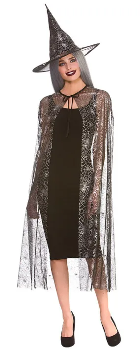 Ladies Halloween Shimmering Spider Web Witch Cape & Hat Fancy Dress Costume