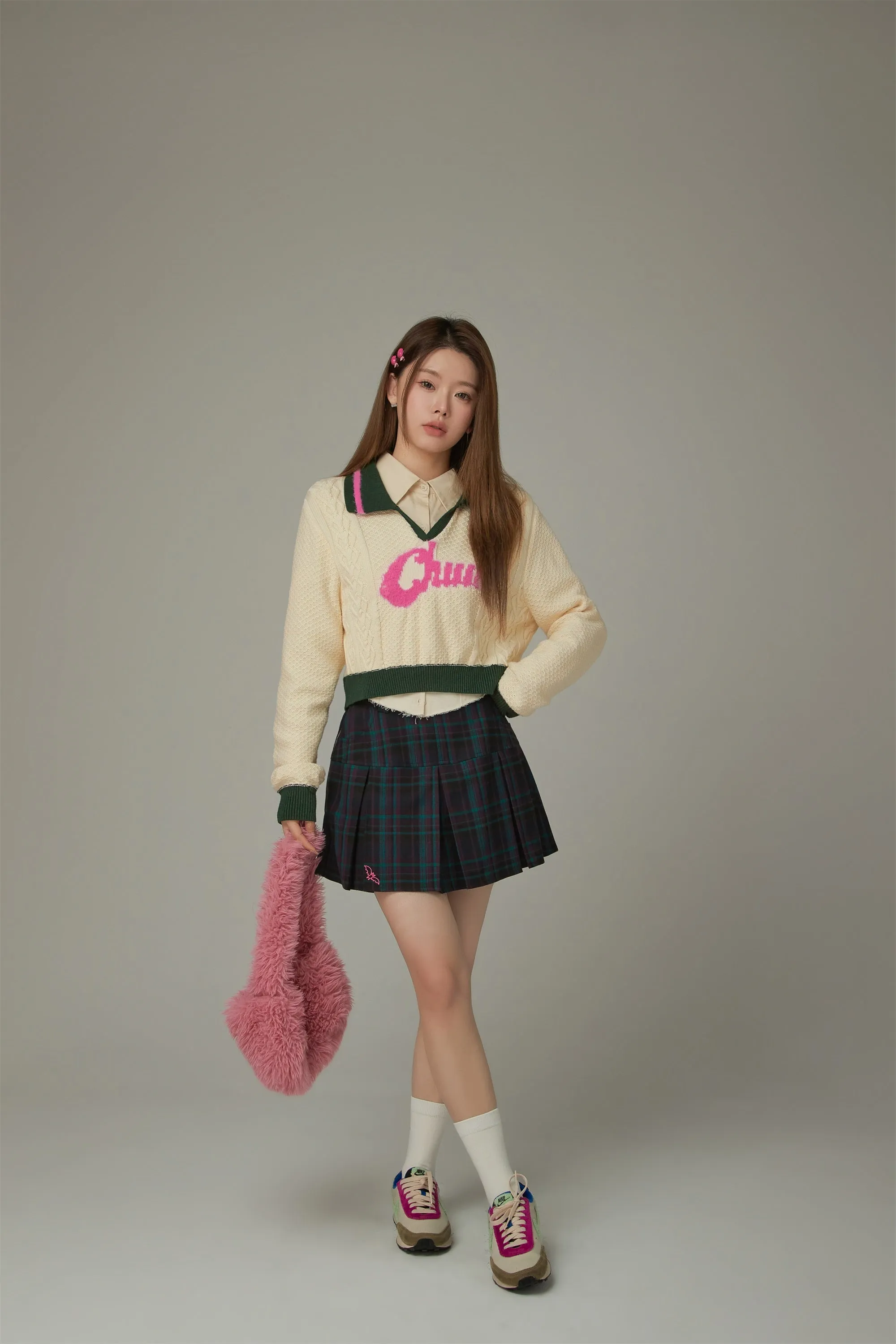 Logo Open Collar Crop Knit Sweater