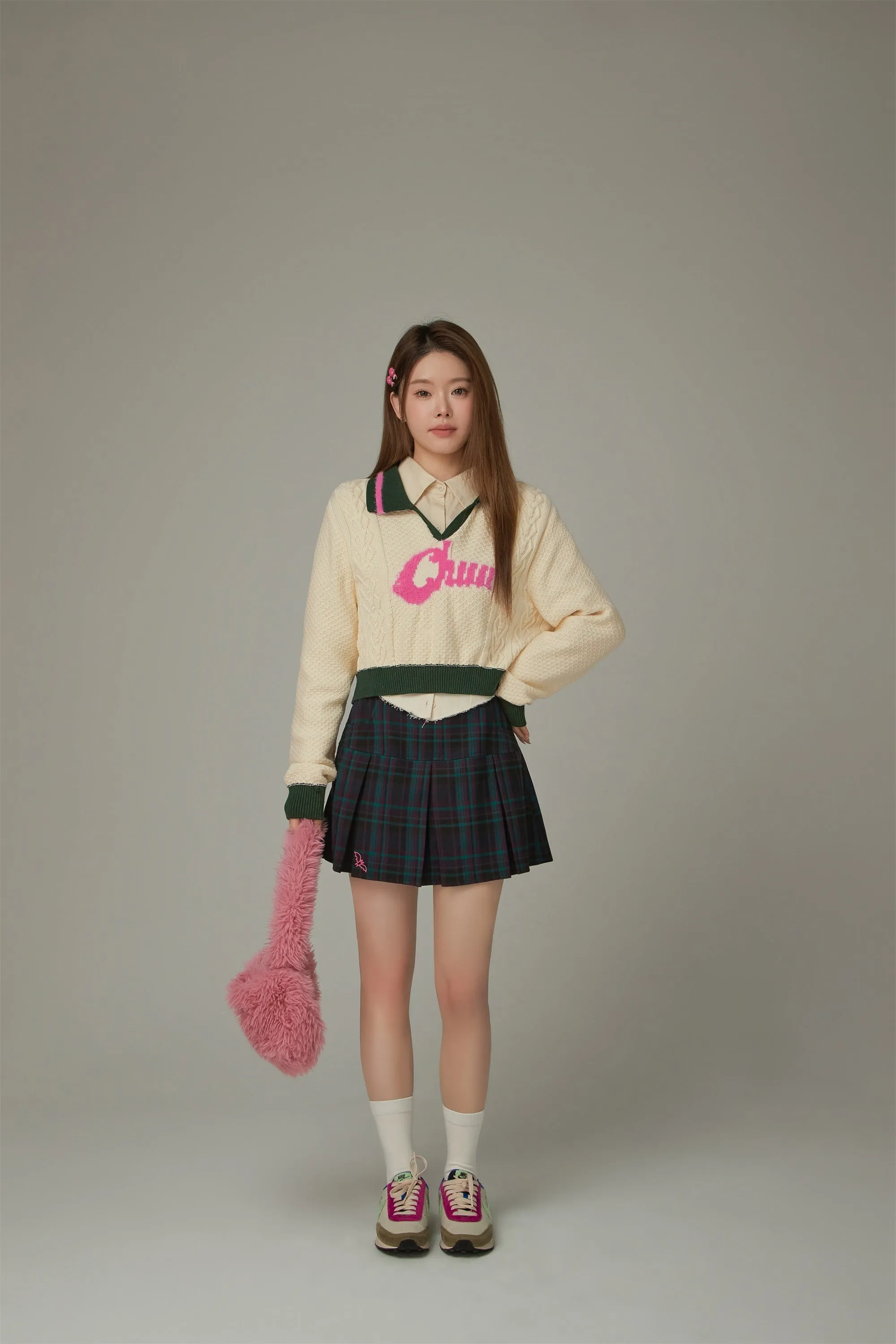 Logo Open Collar Crop Knit Sweater