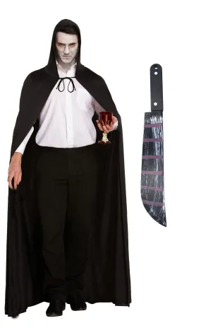 Long Black Halloween Cape with Hood Fake Blooded Machete Grim Reaper Wizard Witch Vampire Halloween Costume