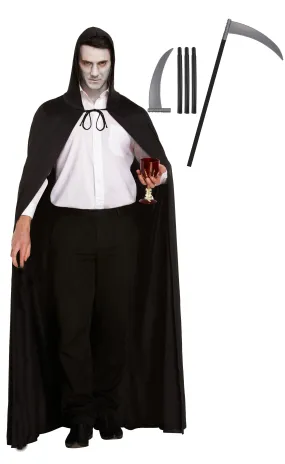 Long Black Halloween Cape with Hood Plastic Scythe Grim Reaper Halloween Horror Fancy Dress Costume