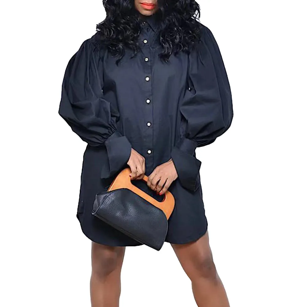 Loose Puff Sleeve Solid Color Lapel Long Sleeve Shirt Dress