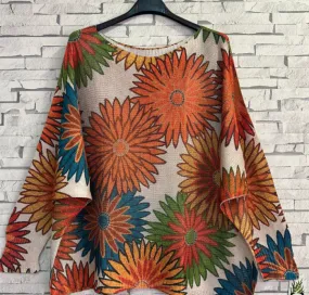 LOOWIE - Orange Floral Round Knit Printed Sweater