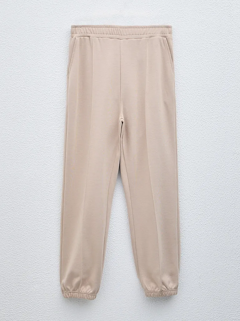 LOV Beige Seam-Detailed High-Rise Joggers