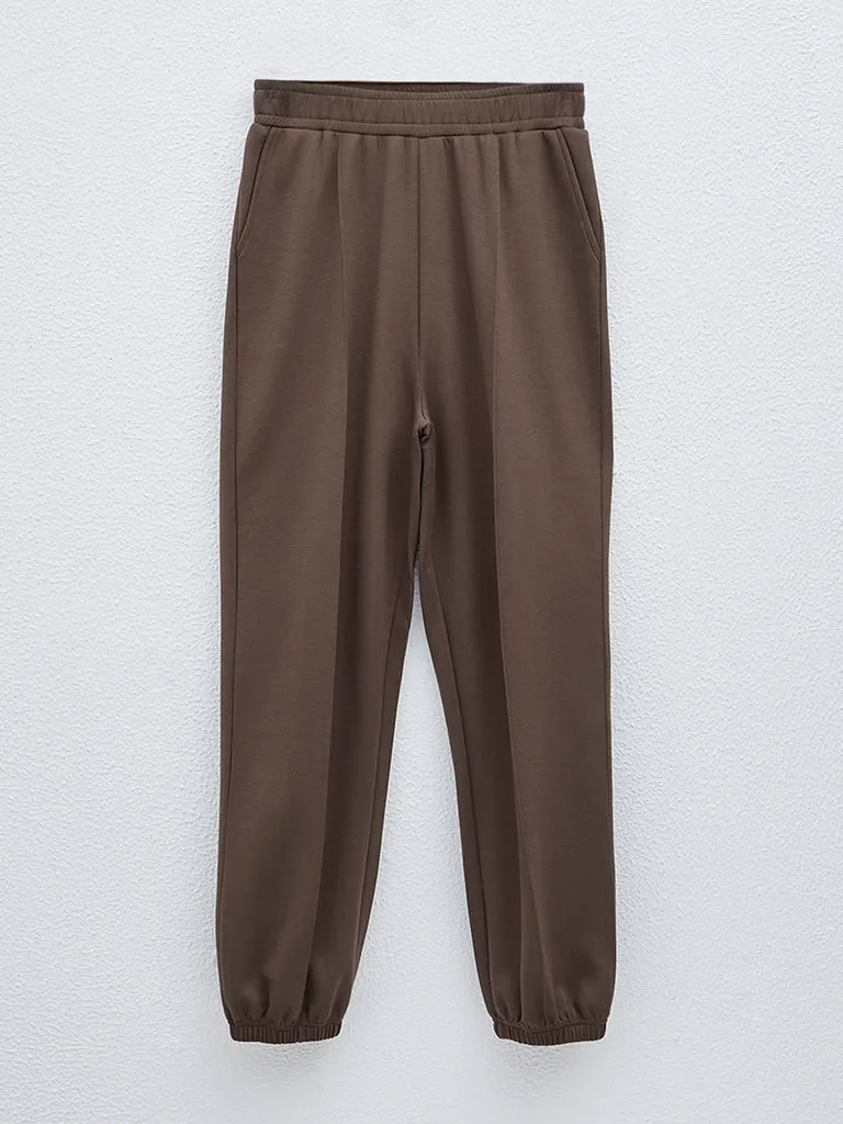 LOV Dark Brown Seam-Detailed High-Rise Joggers