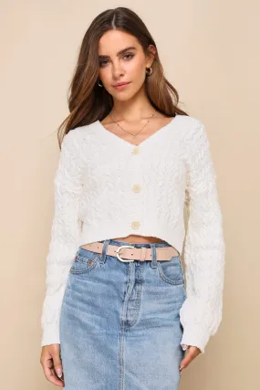 Marsha Cable Knit Cropped Cardigan Sweater - Ivory