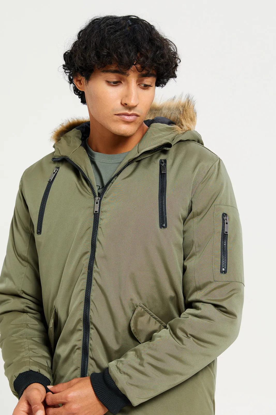 Men Green Hooded Jacket